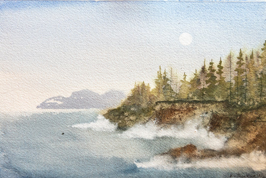 Moonrise Over Boiler Bay - Original Watercolor by K.L. Rockwell (Matted 9" x 12")