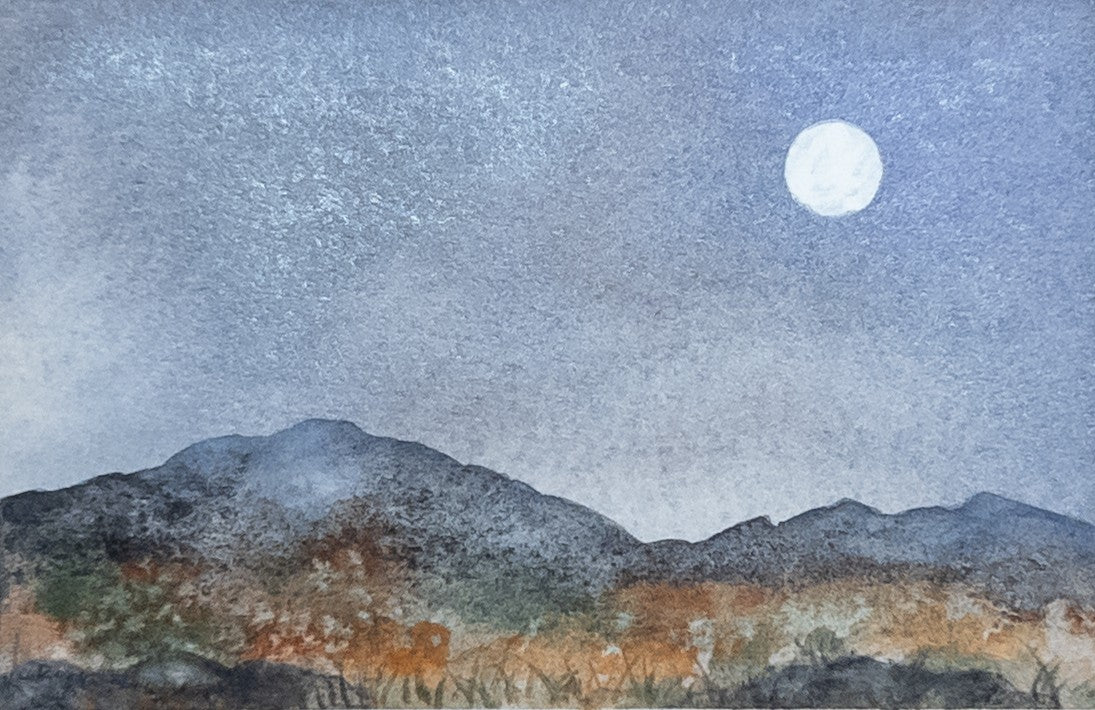 Moonrise Over Amber Hills - Original Watercolor by K.L. Rockwell (Matted 8" x 10")