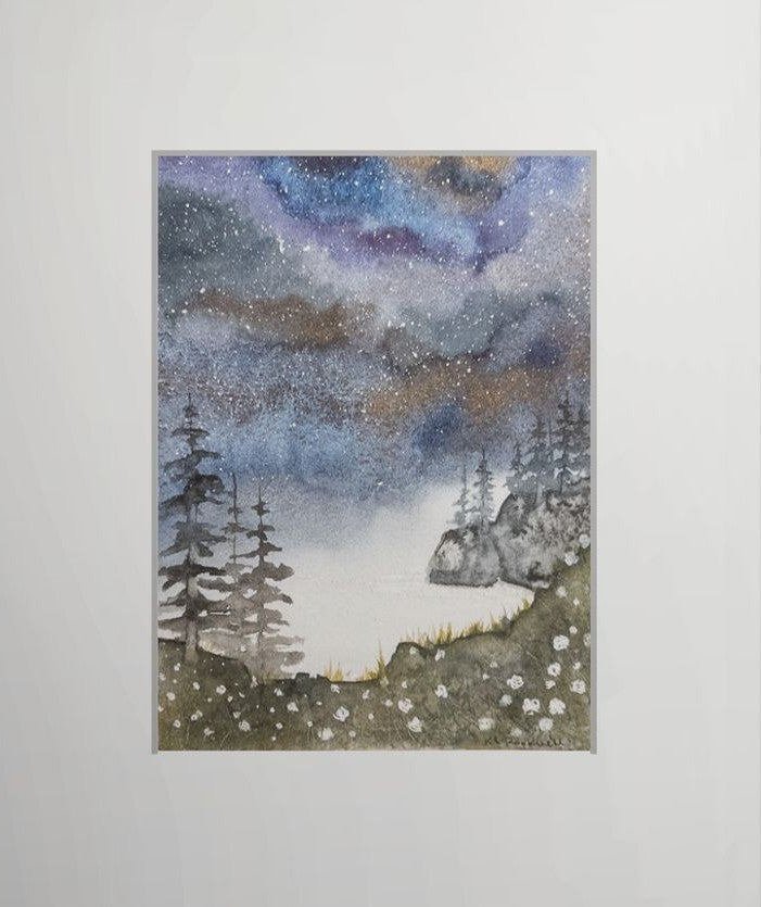 Night Meadow Above Cove - Original Watercolor by K.L. Rockwell (Matted 8" x 10")