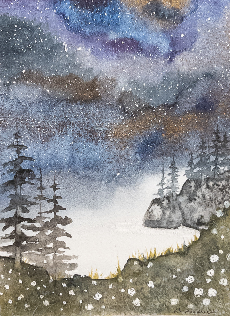Night Meadow Above Cove - Original Watercolor by K.L. Rockwell (Matted 8" x 10")