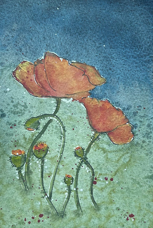 Poppies - Original Watercolor by K.L. Rockwell (Matted 10" x 8")