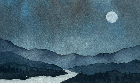 The Santiam River At Moonrise: Original Watercolor by K.L. Rockwell (Matted 8" x 10")