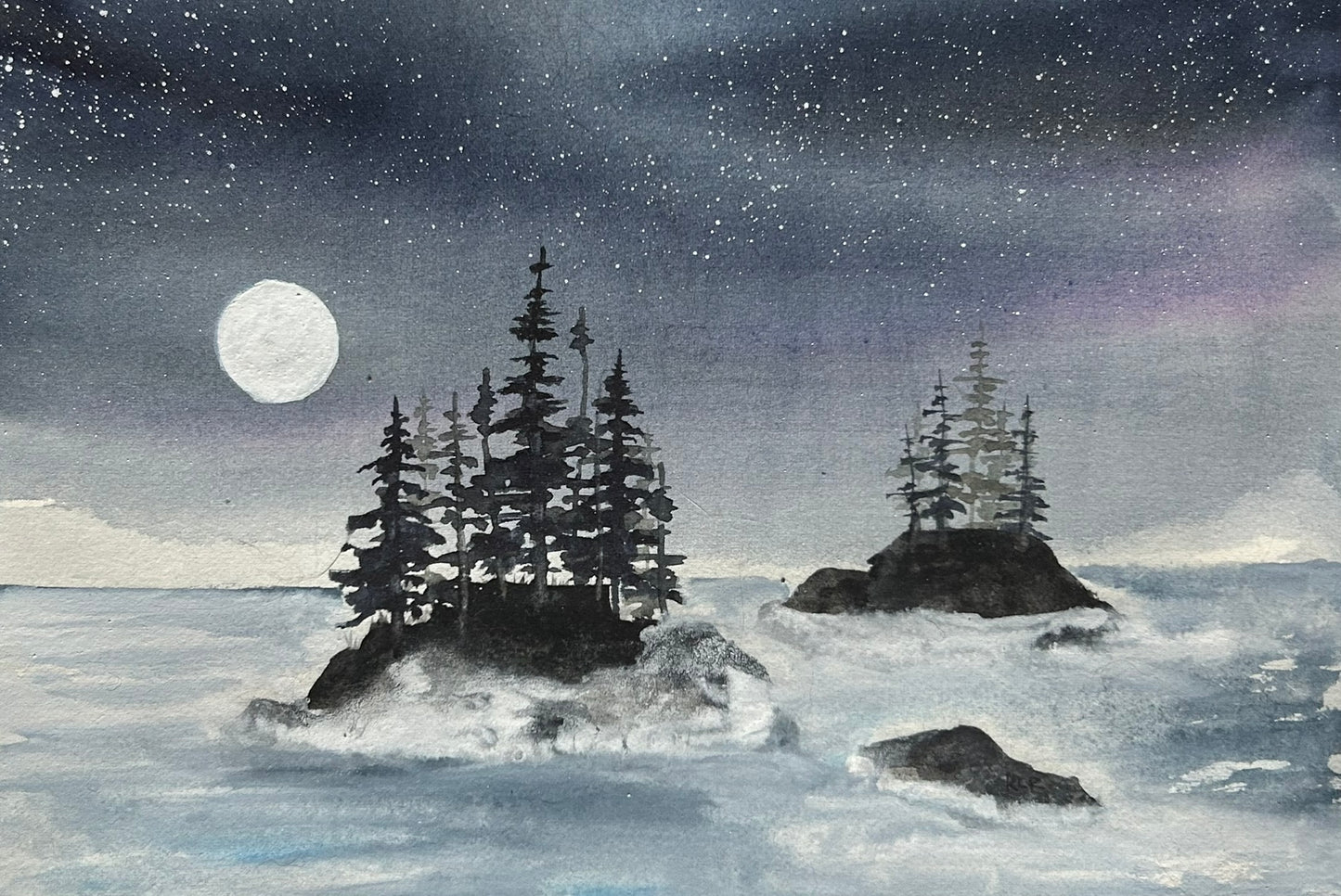 Twin Isles Under Aurora - Original Watercolor by K.L. Rockwell (Matted 11" x 14")