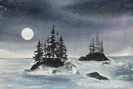 Twin Isles Under Aurora - Original Watercolor by K.L. Rockwell (Matted 11" x 14")