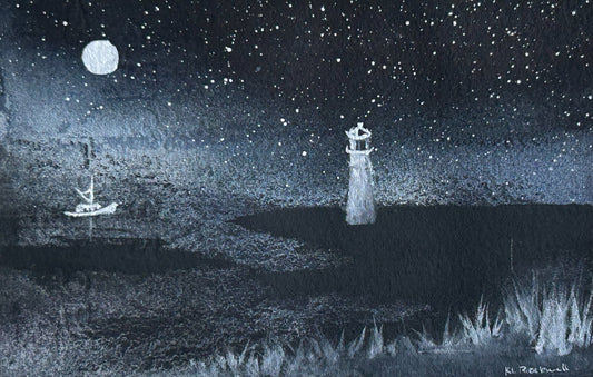 Yaquina Head Light With Boat - Original Watercolor by K.L. Rockwell (Matted 8" x 10")