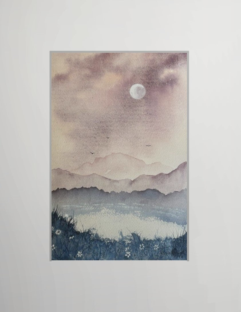 Lavender Tide Moon: Original Watercolor by K.L. Rockwell (Matted 12x9")