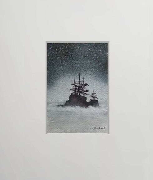 Midnight Ember Isle: Original Watercolor by K.L. Rockwell (Matted 10" x 8")