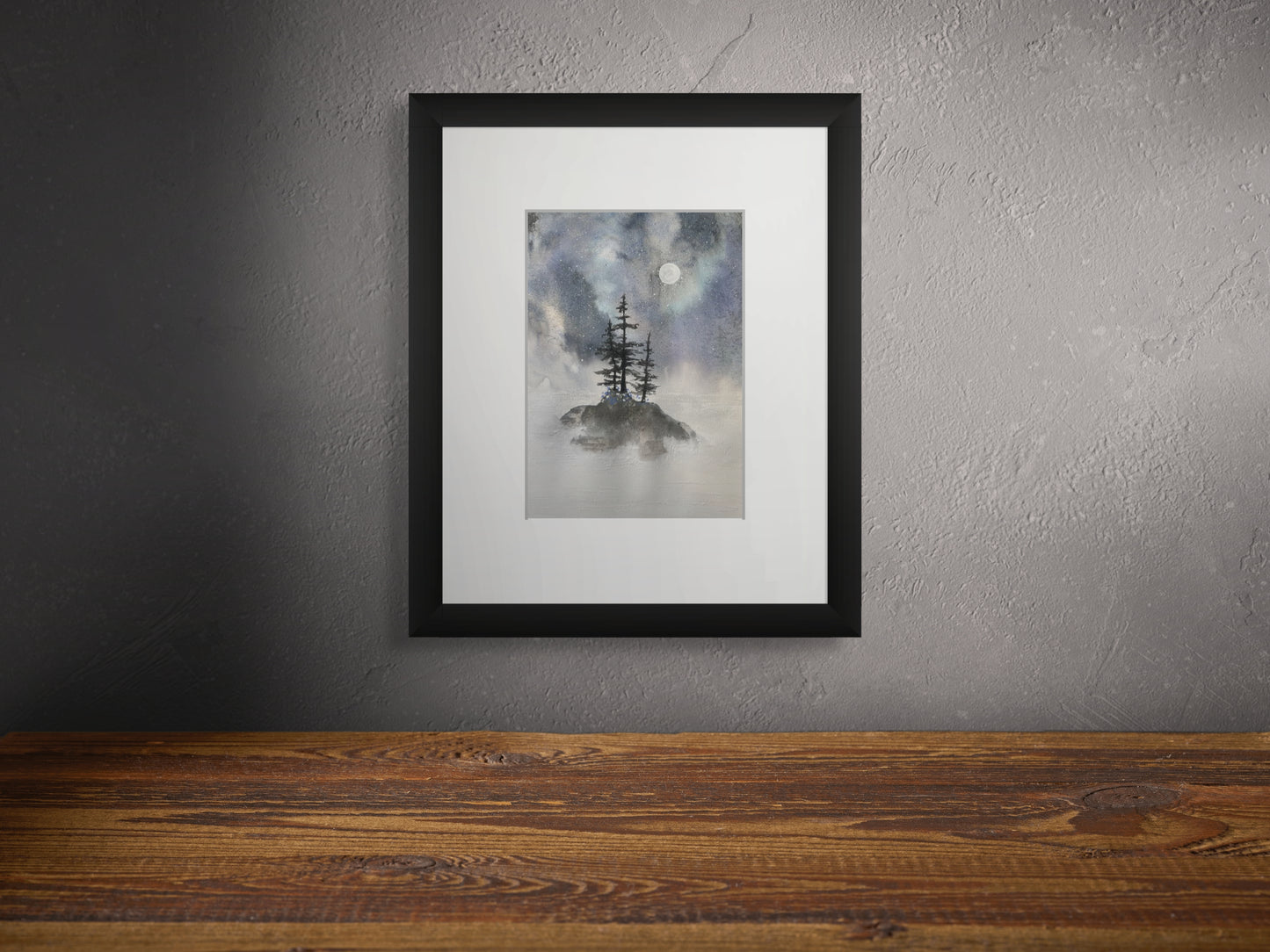 Misty Island, Aurora Skies - Original Watercolor by K.L. Rockwell (Matted 14" x 11")