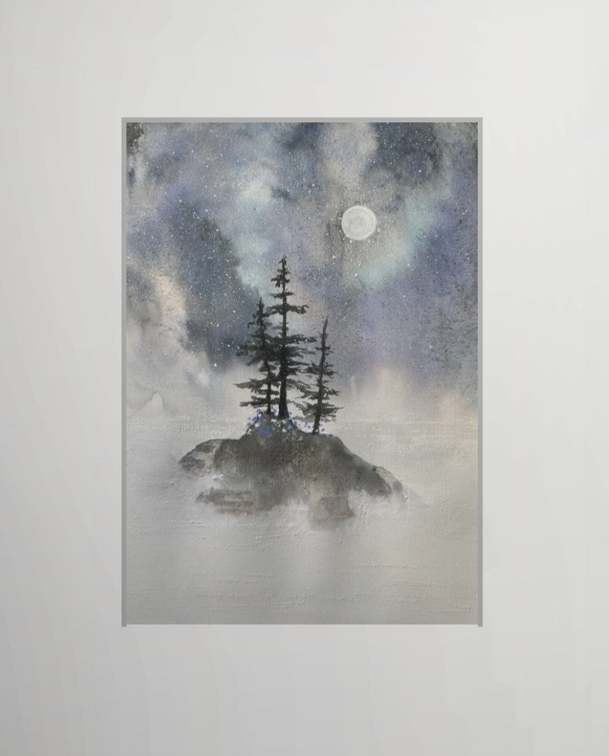 Misty Island, Aurora Skies - Original Watercolor by K.L. Rockwell (Matted 14" x 11")