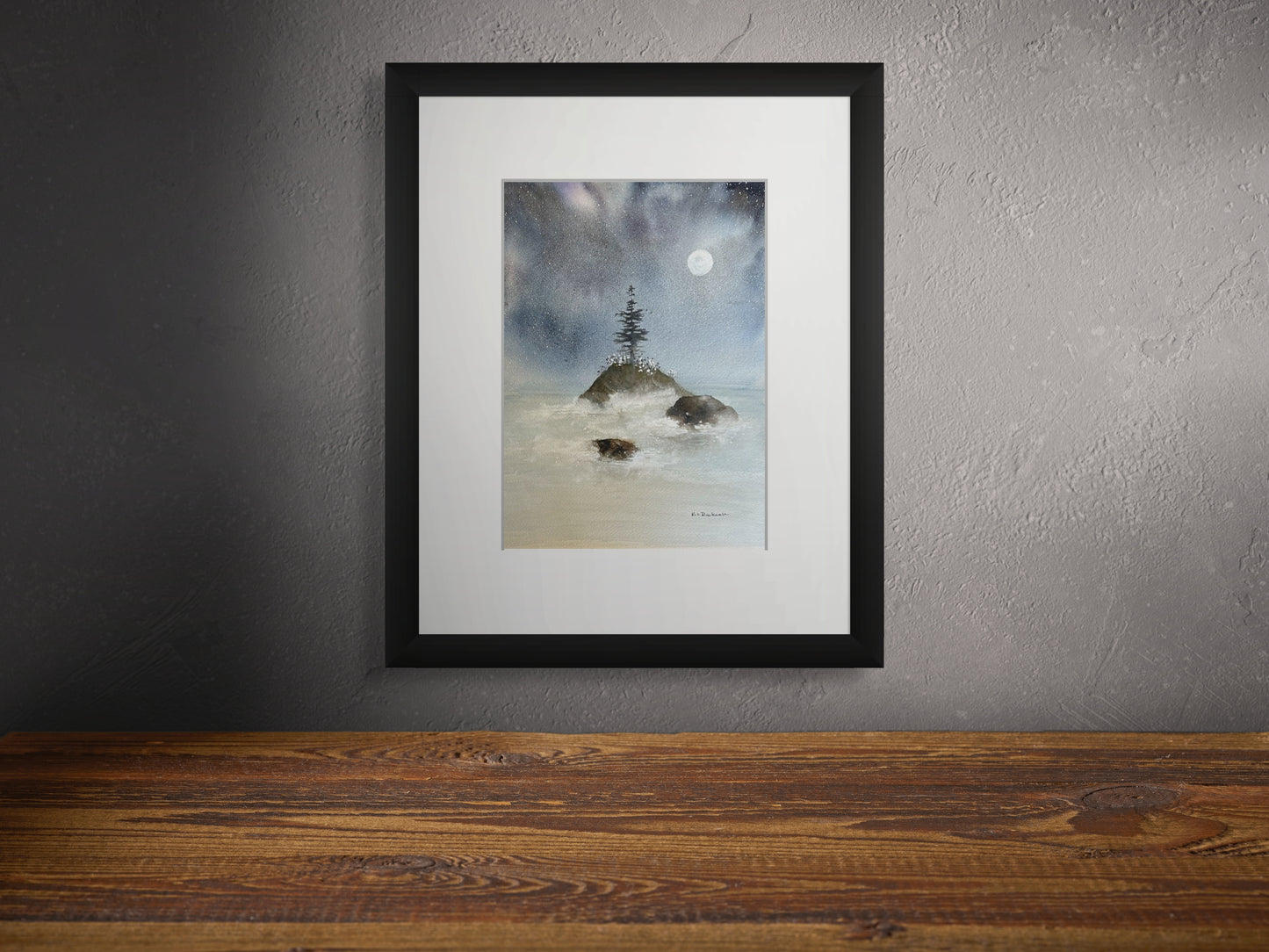 Solitary Moonset: Original Watercolor by K.L. Rockwell (Matted 11x14")