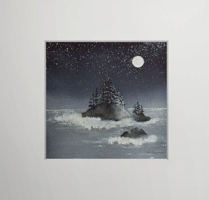 Moonlit Pacific Isle - Original Watercolor by K.L. Rockwell (Matted 12" x 12")