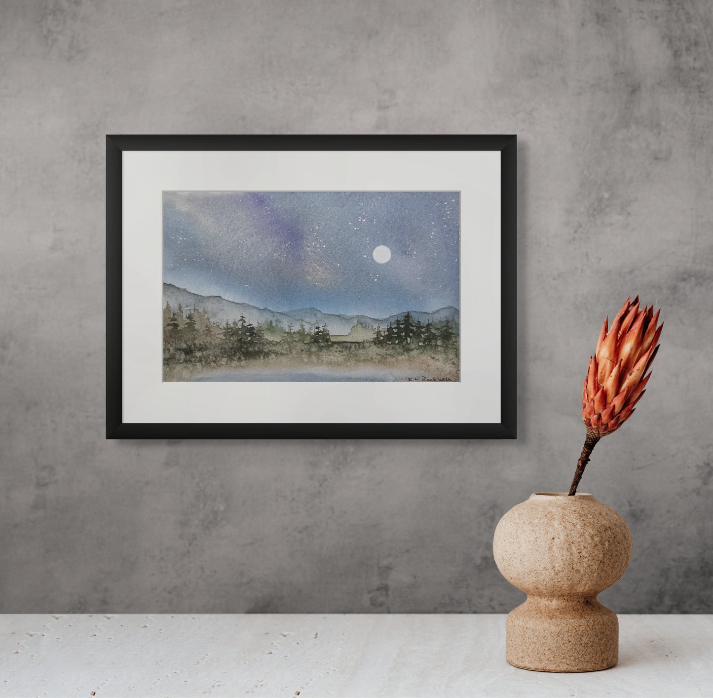 Starlit Timberline Quiet: Original Watercolor by K.L. Rockwell (Matted 9" x 12")