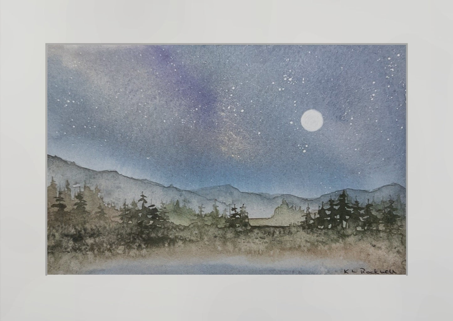 Starlit Timberline Quiet: Original Watercolor by K.L. Rockwell (Matted 9" x 12")
