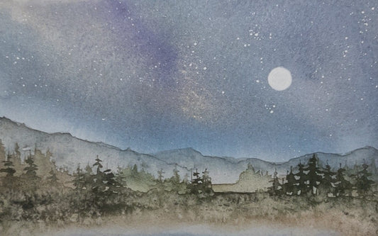 Starlit Timberline Quiet: Original Watercolor by K.L. Rockwell (Matted 9" x 12")