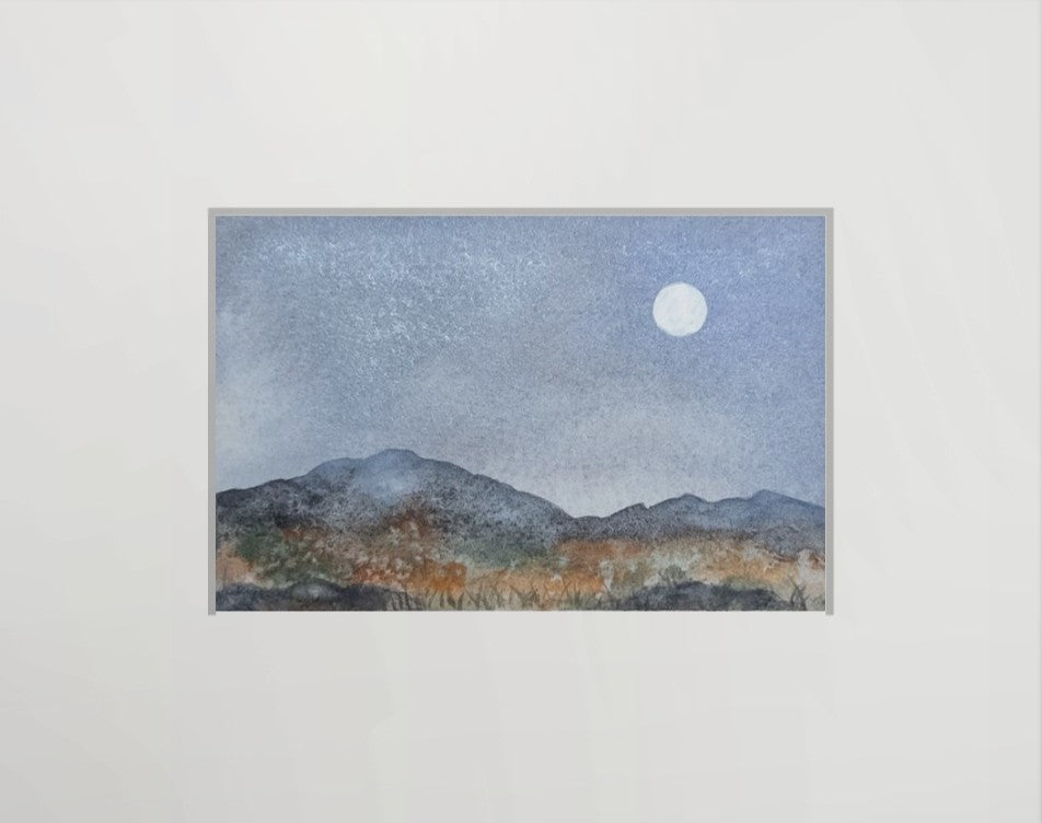 Moonrise Over Amber Hills - Original Watercolor by K.L. Rockwell (Matted 8" x 10")
