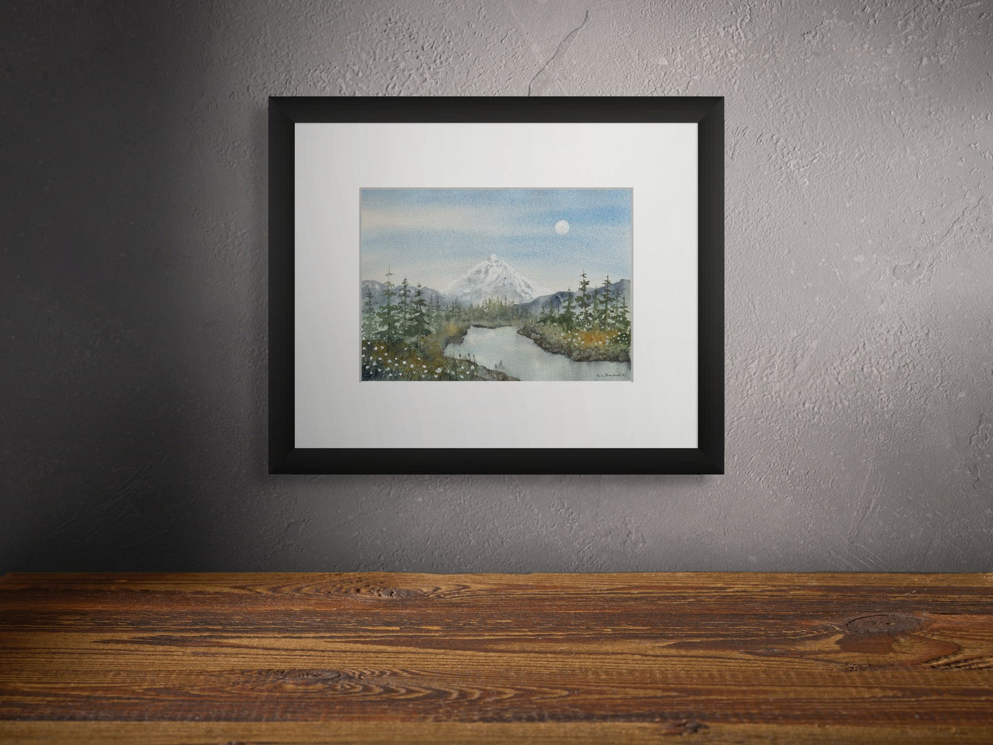 Mt. Hood Moonrise - Original Watercolor by K.L. Rockwell (Matted 11x14")