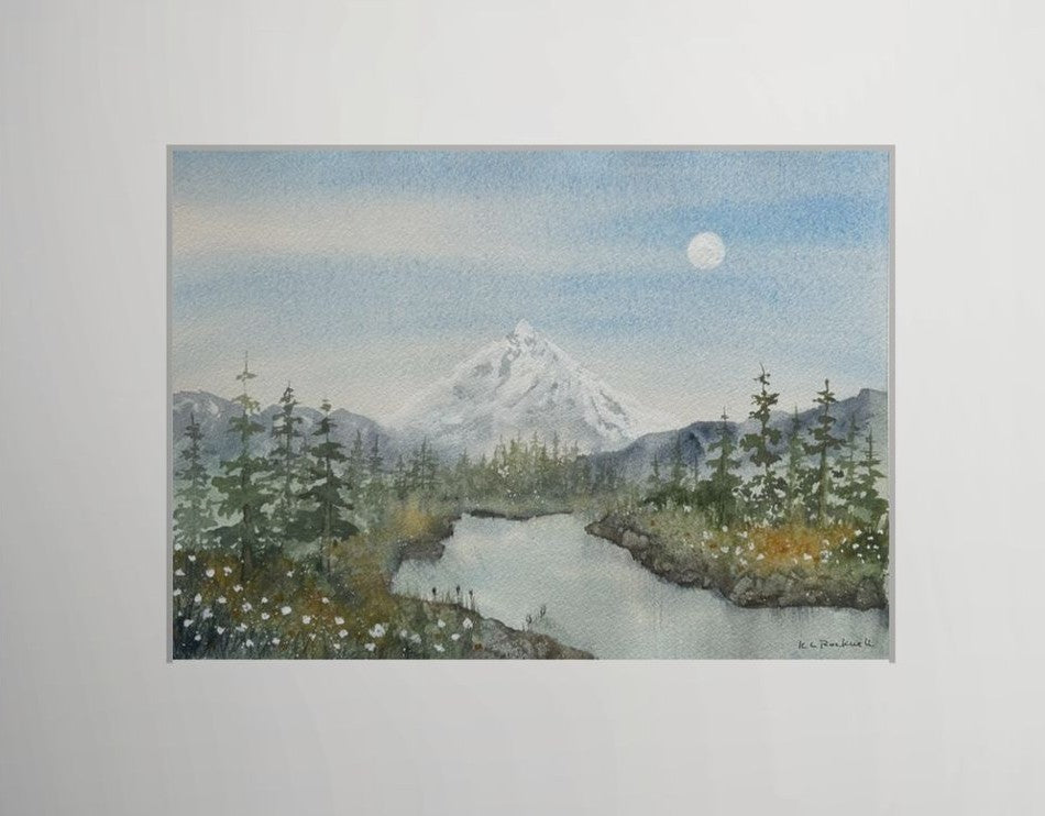 Mt. Hood Moonrise - Original Watercolor by K.L. Rockwell (Matted 11x14")