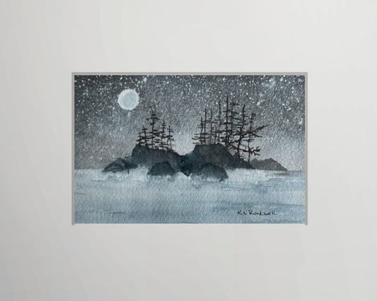 Silver Pines at Sea: Original Watercolor by K.L. Rockwell (Matted 8" x 10")
