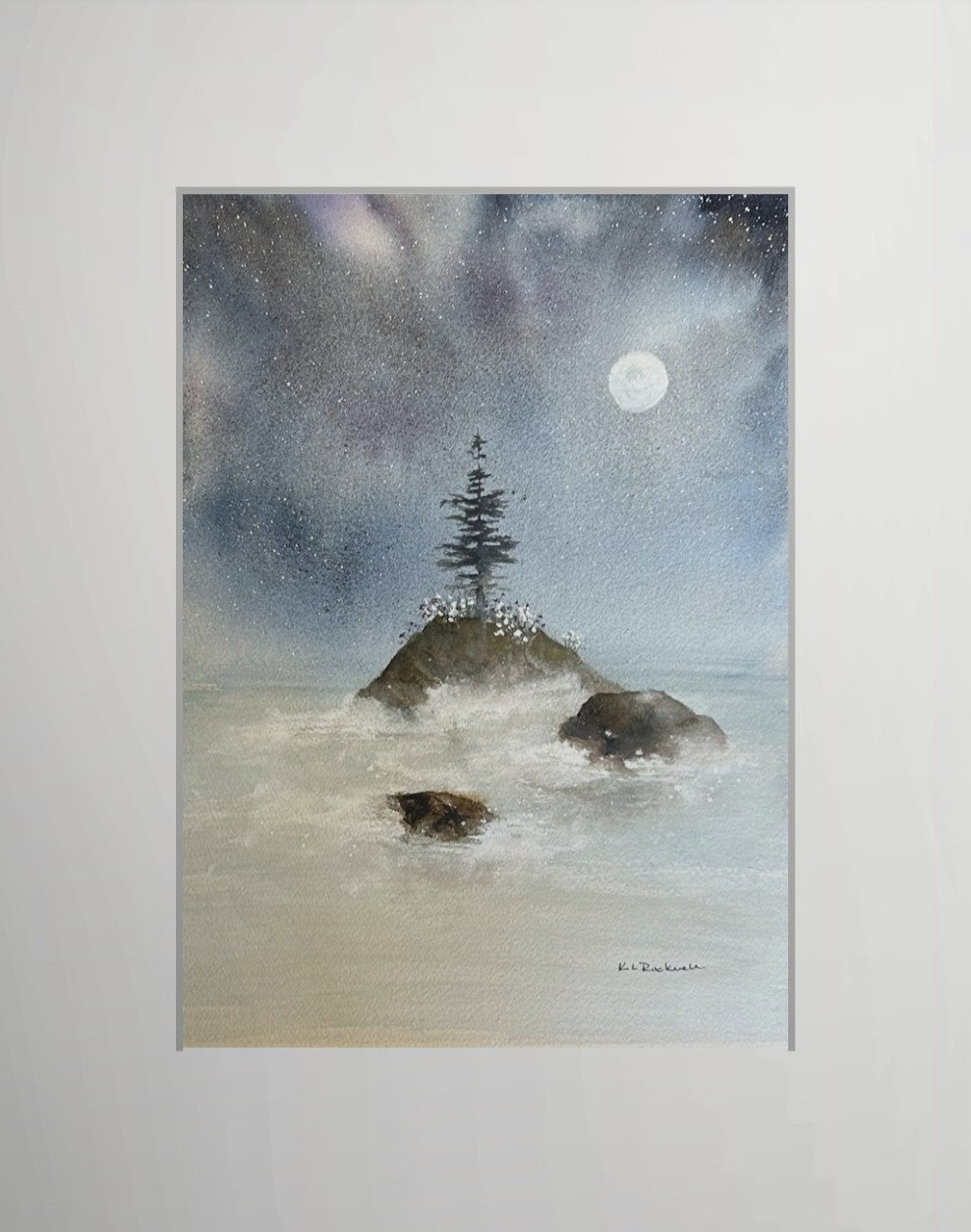 Solitary Moonset: Original Watercolor by K.L. Rockwell (Matted 11x14")