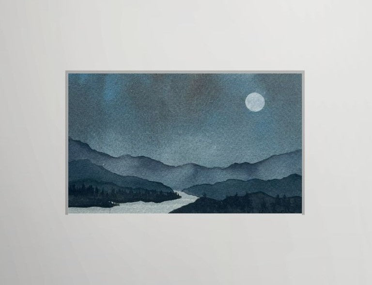 The Santiam River At Moonrise: Original Watercolor by K.L. Rockwell (Matted 8" x 10")