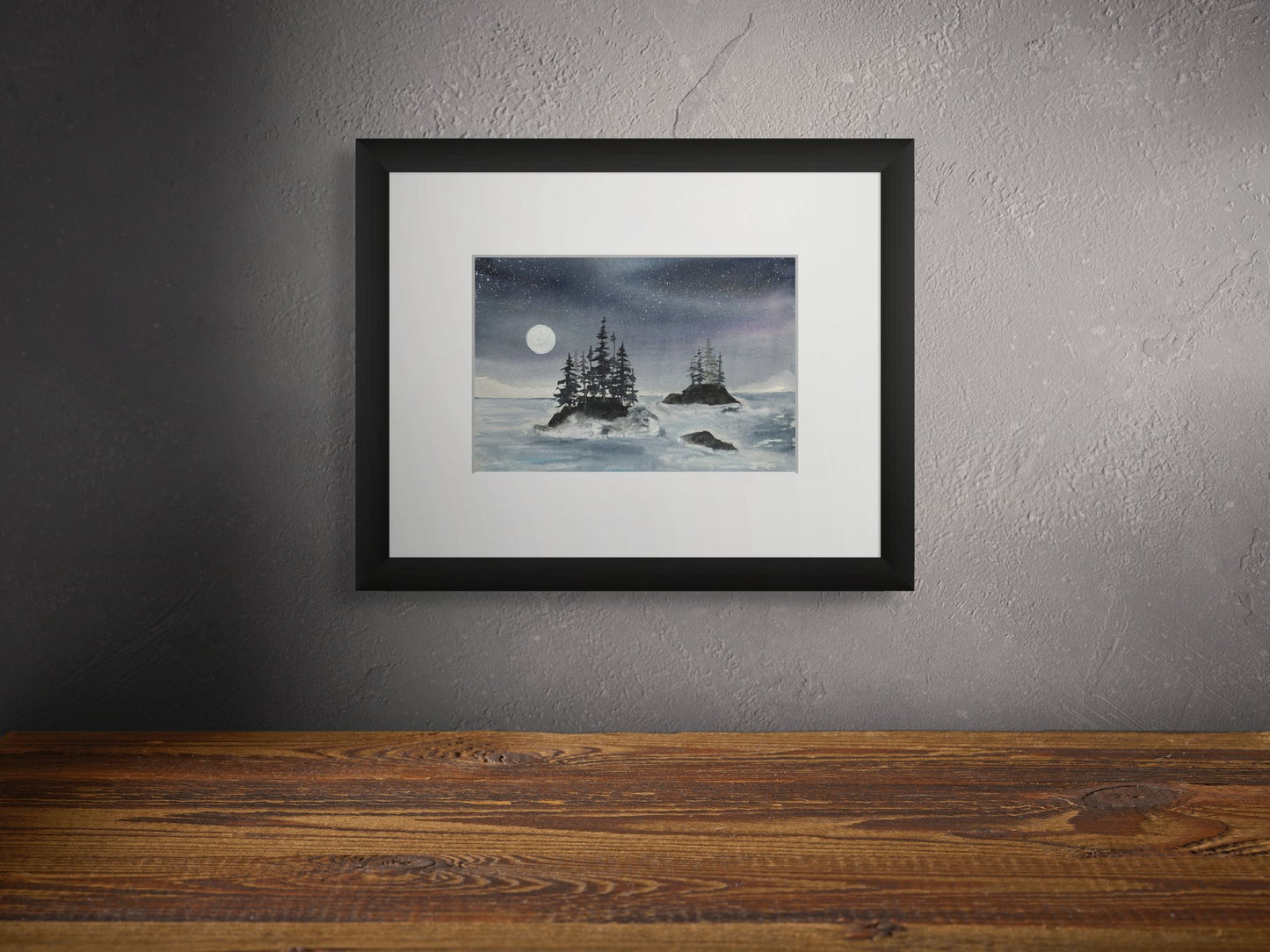 Twin Isles Under Aurora - Original Watercolor by K.L. Rockwell (Matted 11" x 14")