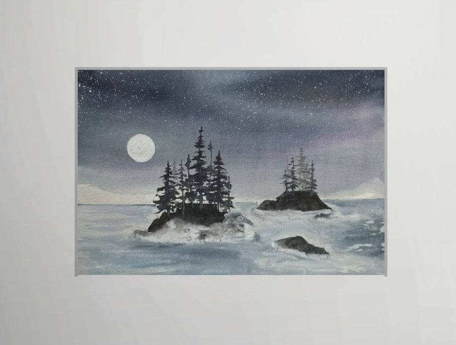 Twin Isles Under Aurora - Original Watercolor by K.L. Rockwell (Matted 11" x 14")